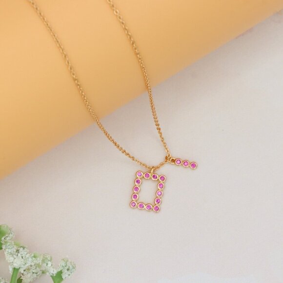 Rose Gold Geometric Charm Necklace with Pink Stones, XPNL0244 - Picture 10 of 13